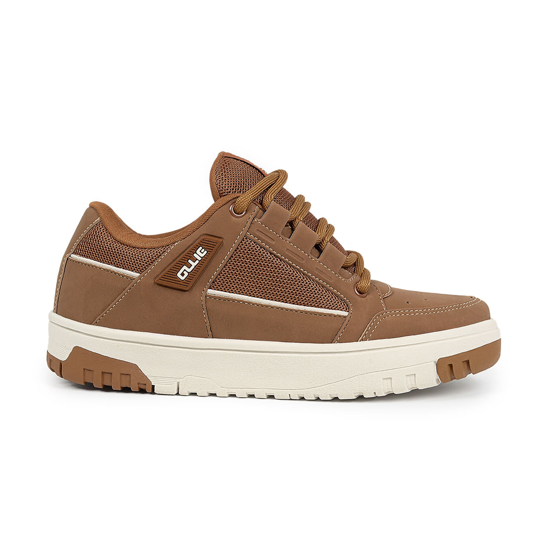 Tênis infantil Ollie Flip 2 na cor caramelo, com design casual e detalhes em mesh para respirabilidade